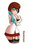  1_girl 1girl bespectacled big_breasts bra brown_hair clothed female female_human female_only freckles garter_straps glasses gloves hackman23 human miniskirt scooby-doo short_brown_hair short_hair solo standing stockings thighs velma_dinkley 