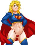  1girl blonde_hair cape dc dc_comics erect_nipples female female_only hands_on_hips kara_zor-el navel solo stockings supergirl superheroine superman_(series) thong 
