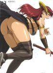  ass bent_over big_ass breast breasts clawdette cleavage earring green_eyes helmet highres large_breasts lipstick nigou nipple open_mouth panties pantyshot queen&#039;s_blade red_hair ring stockings sword thighhighs thighs thong underwear weapon 