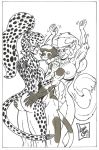  3girls arms_up ass ass_grab brittany_diggers cheetah_diggers furry gold_digger hands_on_ass lonnie_taylor_(artist) monochrome multiple_girls multiple_tails muscular nipples pointed_ears ponytail tail 