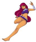  1_girl 1girl alien alien_girl barefoot clothed dc dc_comics female female_alien hairless_pussy long_hair mostly_clothed no_panties pussy short_skirt skirt solo starfire teen_titans upskirt white_background 