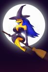 blue_hair broom dress full_moon halloween hat long_hair marge_simpson moon shiny_skin smile solo strike-force the_simpsons witch witch_hat yellow_skin