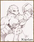 1girl anthro anthro_only big_breasts breasts female_only monochrome muscle muscular muscular_anthro muscular_female nipples tagme topless topless_female weapon