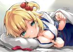  1girl akai_haato bed big_breasts blonde_hair blue_eyes blush bra breasts cleavage dated ekakibito hair_ornament heart heart_hair_ornament hololive looking_at_viewer lying on_side pillow shirt_pull simple_background smile underwear virtual_youtuber 