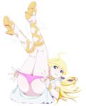 1girl ahoge armlet ass blonde_hair blue_eyes bracelet caryo choker cross-laced_footwear dimples_of_venus earrings female_only halo high_heels jewelry kneepits legs_up long_hair lying nail_polish nanashino on_back panties panty_&amp;_stocking_with_garterbelt panty_(psg) panty_anarchy panty_pull pink_panties ring sandals shadow shoes simple_background solo underwear undressing white_background winged_shoes wings