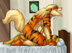  arcanine bed blush breast_grab breasts canine female hetero male pokemon saliva sex siplelpis size_difference 