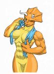  breasts dalus dalus_(artist) dinosaur female furry muscle muscles nude one_eye_closed pinup scalie solo towel triceratops wink 