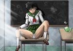 black_hair inuyasha kagome_higurashi panties school_desk school_uniform schoolgirl spread_legs