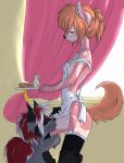 apron aria_(skimike) ark blush breakfast breasts canine curtain curtains female food furry gold green_eyes hair hybrid katibara lady licking male naked_apron nytro pancake pink raccoon red_hair scar skimike small_breasts stockings tail tongue waiter window wolf yellow_eyes