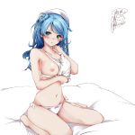  1:1_aspect_ratio 1girl :o bare_legs barefoot bed_sheet big_breasts blue_eyes blue_hair blush breasts character_name clavicle closed_mouth clothing_aside double_bun eyebrows_visible_through_hair feet hat high_resolution kantai_collection legs medium_hair navel nipples panties rizzl sailor_hat signature simple_background sitting tank_top twitter_username underwear underwear_only urakaze_(kantai_collection) wariza white_background white_headwear white_panties white_underwear 