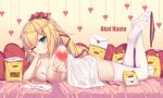  1girl 1girl 5:3_aspect_ratio ;) akai_haato ass bangs bed_sheet between_breasts big_breasts blonde blush breasts closed_mouth envelope eyebrows_visible_through_hair feet fingernails full_body hair_between_eyes hair_ornament hair_ribbon head_tilt heart heart_hair_ornament heart_pillow high_ponytail high_resolution hololive legs_up letter long_hair love_letter lying nail_polish naked_sheet neps-l nipples no_shoes on_stomach one_eye_closed panties panties_around_toe pig pillow ponytail red_nails red_panties red_ribbon ribbon signature smile soles stockings tied_hair underwear virtual_youtuber white_legwear wink 