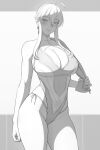 1girl artoria_pendragon artoria_pendragon_(lancer) big_breasts blonde_hair blush breasts earrings feet_out_of_frame greyscale grin long_hair lvl_(sentrythe2310) monochrome navel pose solo_female swimsuit teen thighs towel wet