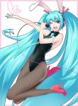  1girl animal_ears aqua_eyes aqua_hair bad_id bunny_ears bunnysuit fishnet_pantyhose fishnets hatsune_miku headphones high_heels long_hair microphone miku_hatsune one_eye_closed open_mouth outstretched_arm pantyhose shoes solo twin_tails twintails very_long_hair vocaloid wink 