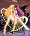 ass blonde_hair blue_eyes blue_hair breasts gun hair_ornament halo jewelry jpeg_artifacts lips long_hair multicolored_hair multiple_girls navel necklace nude orry panty_&amp;_stocking_with_garterbelt panty_anarchy pasties pink_hair purple_hair standing stocking_anarchy sword two-tone_hair weapon