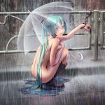  1girl aqua_hair ass back bdsm blue_hair blush boots breasts bullying cuffs exhibitionism female gradient_hair handcuffs hatsune_miku knee_boots long_hair looking_at_viewer looking_back miku_hatsune multicolored_hair nail_polish nude open_mouth outdoors outside public_nudity purple_eyes rain rubber_boots see-through solo squatting transparent transparent_umbrella twin_tails twintails umbrella very_long_hair vocaloid wokada zenra 