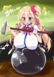  1girl akai_haato big_breasts blonde_hair blue_eyes bowtie breasts cauldron getting_over_it hair_ribbon hololive huge_breasts long_hair sledgehammer virtual_youtuber 