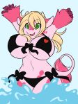 big_breasts bikini blonde_hair bovine breasts cow female furry green_eyes hair horns huge_breasts long_blonde_hair long_hair navel open_mouth outside pink ruby_(rubyluvcow) side-tie_bikini skimpy smile solo spazzykoneko spots swimsuit tail tail_tuft water wide_hips