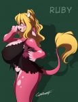 1girl anthro big_breasts blonde_hair bovine breasts bust_chart chalo chalodillo cow female furry green_eyes horn horns huge_breasts las_lindas_(series) lingerie nightgown panties pink ruby_(rubyluvcow) rubyluvcow side_view sideboob solo tail translucent underwear viewed_from_side