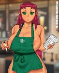  1girl apron breasts coldarsenal dc_comics female_focus female_only ginger_hair green_apron green_eyes huge_breasts iced_latte_with_breast_milk looking_at_viewer marker meme naked_apron red_hair simple_background solo_female solo_focus starbucks starbucks_breastmilk_meme starfire teen_titans thick_thighs wide_hips 