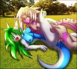 breasts closed_eyes cum fang female furry grass green_hair hair hetero horns knifeh knifeh_(artist) long_hair male missionary_position original outdoor_sex penetration penis photo_background raised_leg scalie sex tail tongue vaginal vaginal_penetration white_hair
