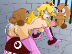  1girl anal anal_penetration anal_rape ass bdsm bent_over blush bondage breasts chain chain_chomp chains crown cum cum_in_ass cum_in_mouth dahs earrings elbow_gloves facial gloves goomba hanging_breasts jewelry large_penis legwear looking_back monster nintendo penis princess princess_peach pussy rape super_mario_bros. thighhighs wink 