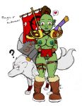axe boots expose green_skin heart kaidomaru_(oc) loincloth nipples orc pussy pussy_hair raga_(oc) shoulder_pads showing_pussy skirt_lift world_of_warcraft