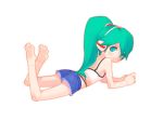  0123456789 1girl android ape_escape aqua_eyes back barefoot blush camisole charu_(ape_escape) charu_(saru_getchu) cutoffs denim denim_shorts doll_joints feet green_hair legs_up long_hair looking_back lying on_stomach ponytail robot_ears robot_joints saru_getchu shorts solo tank_top 