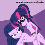  2_females 2_girls 2girls bespectacled biting_lip breasts doggy_position equestria_girls female female/female female_only friendship_is_magic glasses lesbian_sex long_hair my_little_pony nude ponetan selfcest sex strap-on taken_from_behind twilight_sparkle twilight_sparkle_(mlp) yuri 