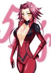 1girl bad_id biker_clothes bikesuit blush body_blush bodysuit breasts center_opening cleavage izayoi_aki large_breasts pizaya red_hair redhead s_tanly short_hair slender solo yellow_eyes yu-gi-oh! yu-gi-oh!_5d&#039;s yuu-gi-ou yuu-gi-ou_5d&#039;s