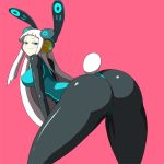  1girl albino animal_ears arched_back ass bangs bent_over big_ass blonde_hair blue_eyes blunt_bangs bodysuit bunny_ears bunny_girl bunny_tail bunnygirl electro_emilia erect_nipples from_behind huge_ass impossible_clothes impossible_clothing ken_(koala) latex long_hair looking_back neon_trim original pantyhose pink_background ringed_eyes simple_background skin_tight smile smug solo tail white_hair 