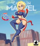1girl ass big_ass big_breasts blonde blonde_hair blue_eyes bottom_heavy breasts bubble_butt captain_marvel carol_danvers dc_super_hero_girls fanart female female_human female_only flying human human_only linkartoon_(artist) looking_at_viewer marvel marvel_comics short_blonde_hair short_hair solo solo_female solo_focus stockings superheroine thick_thighs thighhigh_boots wide_hips