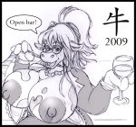 2009 alcohol anthro big_breasts bikini bovine breasts cow cryptozoo cryptozoo_(artist) eyewear female furry georgina_tripplehorn glass glasses huge_breasts hyper hyper_breasts jewelry necklace new_year nipples pearls ponytail skimpy smile solo topless undressing wine 