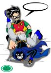 1girl1boy black_hair bottomless dc dcau male male/female marker_(artist) older older_female older_male purple_eyes raven_(dc) robin short_hair teen_titans young_adult young_adult_woman