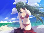 1girl beach bikini black_hair green_hair hentai izumi_yuujirou long_hair original original_character red_eyes solo swimsuit wallpaper