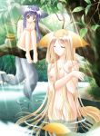  2girls absurdres animal_ears barefoot bathing blonde_hair blue_hair breasts closed_eyes dog_ears dog_tail dress feet fish fox fox_ears fox_tail groin hair hentai highres in_tree jar koma_(tail_tale) large_breasts leaf light_rays long_hair louis&amp;visee mound_of_venus multiple_girls multiple_tails nature nipples nude outdoors outside sitting sitting_in_tree smile soro_(tail_tale) sunbeam sunlight tail tail_tale tree very_long_hair wading water yellow_eyes 