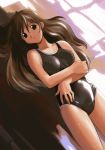  1girl black_eyes brown_hair competition_swimsuit crossed_arms dutch_angle erect_nipples hentai jiji long_hair lying one-piece_swimsuit smile solo sunlight swimsuit wet 