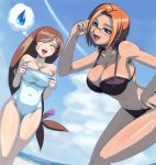2_girls artist_request beach big_breasts bikini blue_eyes blush breasts brown_hair character_request cleavage copyright_request covering_breasts female_only glasses hentai multiple_girls orange_hair smile source_request swimsuit thinking