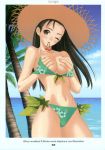beach bikini black_hair breast_grab breasts brown_eyes covering covering_breasts grabbing hat hentai highres mouth_hold straw_hat swimsuit taka_tony takayuki_tanaka tanaka_takayuki tony_taka wink
