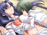  2_girls 2girls ayakashibito breast_grab female_only green_hair kisaragi_suzu purple_hair school_uniform sleeping 