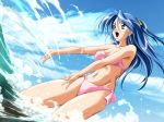  1girl :d ameiro_no_kisetsu armpits bandeau bikini blue_hair breasts brown_eyes cleavage cloud clouds dutch_angle erect_nipples floating_hair from_side front-tie_top game_cg hair_ribbon happy hentai long_hair looking_afar lowres navel ocean one_side_up open_mouth outdoors outstretched_arms pink_bikini ribbon sea shiny shiny_hair side-tie_bikini sky smile solo standing swimsuit wading water wide_hips yagami_yuuko yamane_masahiro 