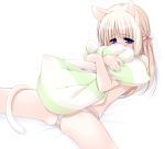  1girl animal_ears blue_eyes blush cat_ears cat_tail embarrassed hentai ooji panties pillow ribbon solo spread_legs striped striped_panties tail twintails underwear 