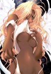  1girl angel angel_wings bare_shoulders blonde_hair blue_eyes breasts copyright_request curls curly_hair dark_skin ganguro hentai kogal long_hair midriff mouth_hold shirt_lift solo underboob wings 