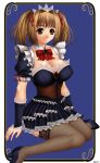  anime black_stockings bonnet bow breasts brown_eyes brown_hair choker cleavage corset detached_sleeves dress erect_nipples female frills high_heels kneel lace-top_stockings non-nude pumps ribbon short_hair smile stockings 