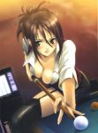 1girl ball billiards black_legwear black_thighhighs breasts brown_eyes brown_hair cleavage clothing cue_ball cue_stick down_blouse dutch_angle female fingernails garter_straps high_resolution legwear light_smile lingerie lipstick looking_at_viewer makeup masaharu medium_breasts original outstretched_arm pencil_skirt potential_duplicate screen screening short_hair skindentation skirt solo stockings thighhighs thighs underwear very_high_resolution zettai_ryouiki