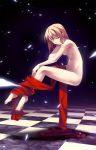  1girl blonde_hair checkered checkered_floor floating hentai highres nude one_eye_closed original pointy_ears red_eyes ribbon solo wink 