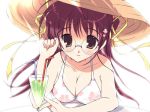  breasts brown_eyes brown_hair cleavage duplicate glasses hat hentai mikeou smile_summer swimsuit 