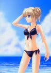 1girl archway_of_venus beach bikini black_bikini black_swimsuit blonde_hair blue_eyes blush breasts canvas_(cocktail_soft) cg_art clavicle cleavage clothing cloud cloudy_sky cowboy_shot cross-do day double_bun doujinshi female front-tie_top game_cg gluteal_fold hair_up hand_in_hair in_profile japanese_language looking_to_the_side masakichi_(crossroad) medium_breasts navel ocean one_arm_up outdoors potential_duplicate saano_chia sakurazuka_ren scan short_hair side-tie_bikini sky solo swimsuit water
