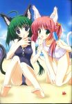 2girls ahoge animal animal_ears animal_hair_ornament barefoot beach black_one-piece_swimsuit blue_eyes breasts cat_ears cat_girl cat_hair_ornament cat_tail cloud collarbone crab dengeki_moeou food green_eyes green_hair hair_ornament highres holding kneeling licking long_hair looking_at_viewer multiple_girls naruse_mamoru ocean one-piece_swimsuit open_mouth original pink_hair popsicle sand school_swimsuit sexually_suggestive short_hair sitting sky small_breasts smile summer swimsuit tail tongue tongue_out tree twintails water white_one-piece_swimsuit