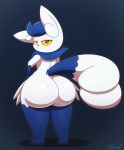  1girl 1girl 2018 absurd_res anthro ass big_ass butt_focus felid high_res looking_at_viewer looking_back mammal meowstic miso_souperstar nintendo pok&eacute;mon pok&eacute;mon_(species) rear_view red_eyes short_stack video_games yellow_sclera 