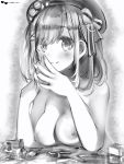 1girl big_breasts blush bow breasts closed_mouth cosmetics fingernails greyscale hair_bow hair_ornament hands_up hat high_resolution lipstick_tube looking_at_viewer monochrome nail_polish nanashi_(nlo74593630) nijisanji nipples nude smile steepled_fingers suzuhara_lulu upper_body virtual_youtuber